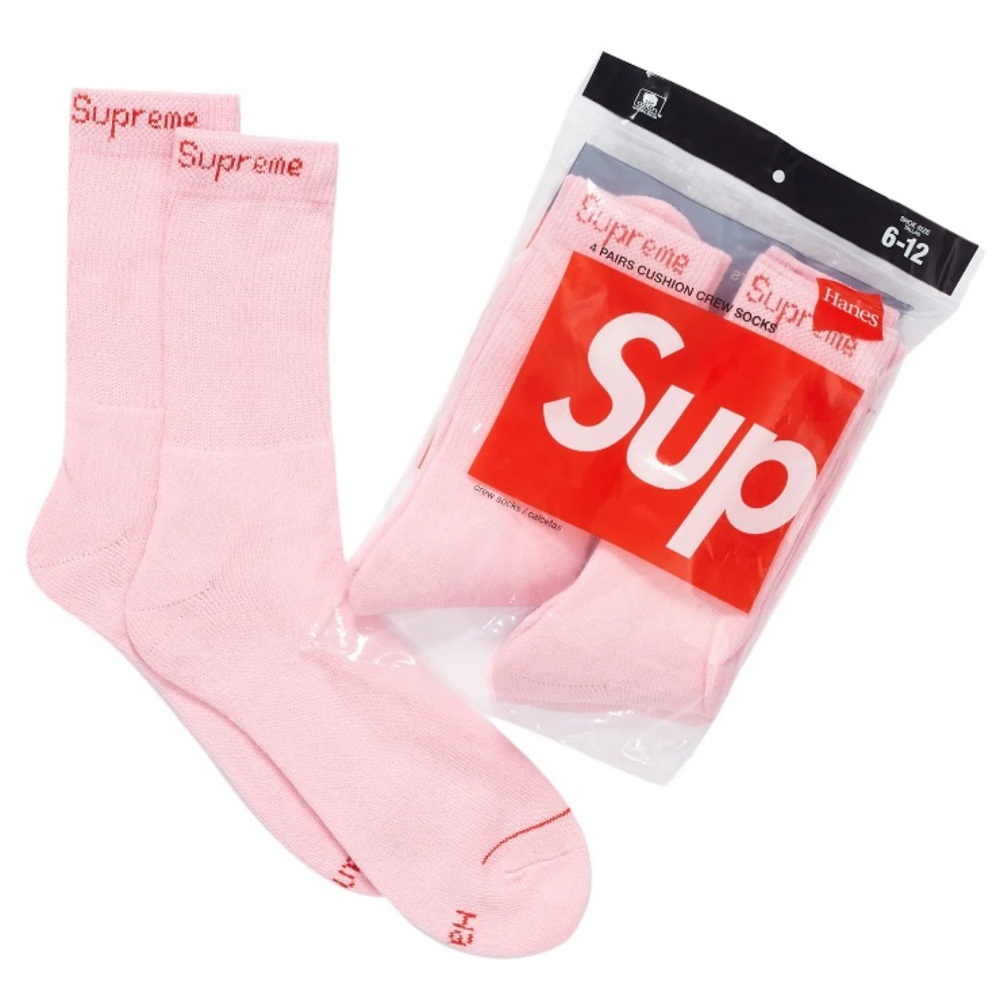 NWT 2021 SUPREME NEW YORK x HANES PINK/RED 4-PACK SEALED CREW SOCKS SIZE 6-12